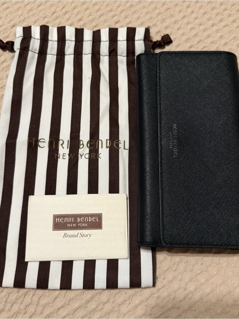 henri bendel Black Leather Travel Wallet with Branded Stripe Pouch
